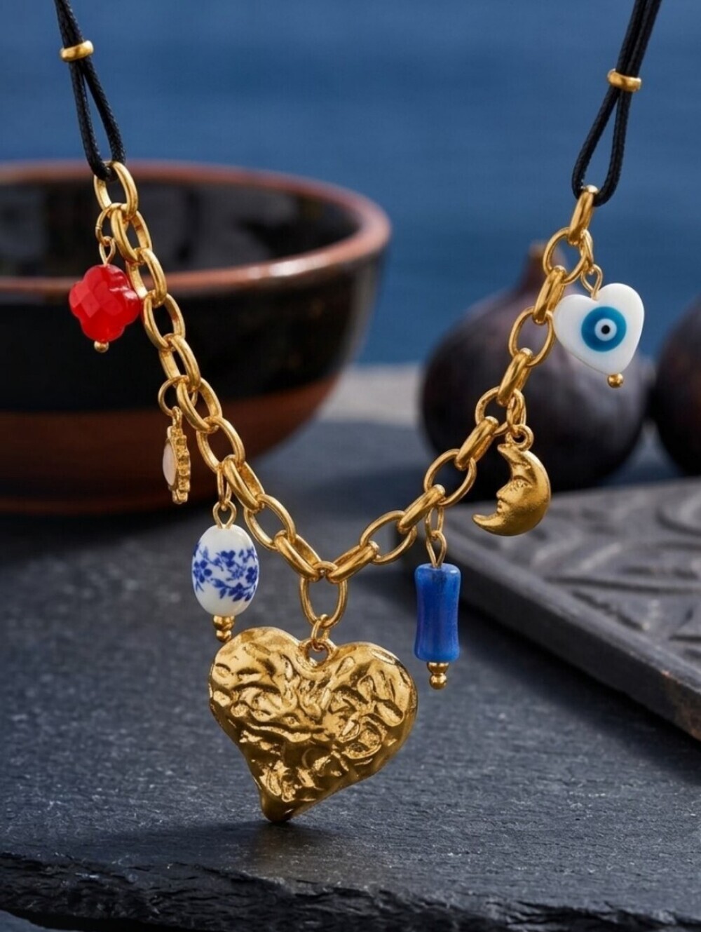 Gold Charm Necklace Hammered Heart Evil Eye Sun Moon Black Cord Layering 17.5"